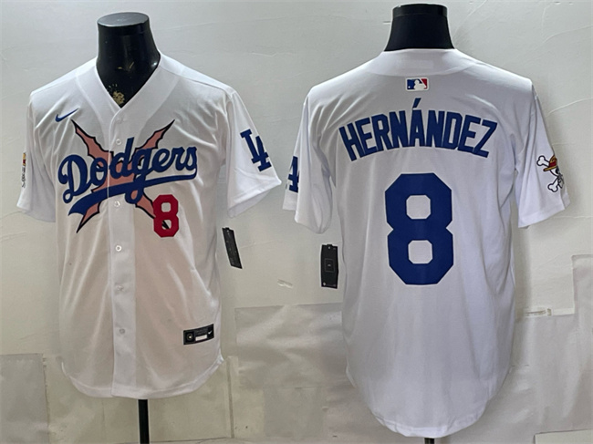Men's Los Angeles Dodgers x One Piece #8 Enrique Hernández White Vapor Premier Limited Stitched Baseball Jersey Men's Los Angeles Dodgers x One Piece #8 Enrique Hernández White Vapor Premier Limited Stitched Baseball Jersey